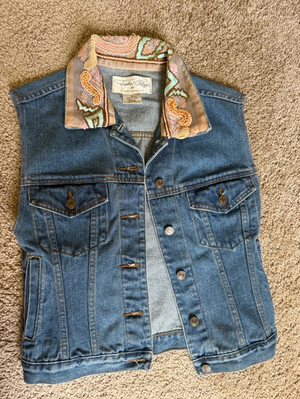 Tasha Polizzi Denim Vest with Peach, Mint & Coral Embroidered Collar